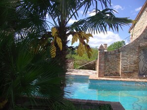 Une piscine avec un mur en pierre et des palmiers en arrière-plan.