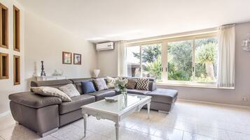 Una Smart TV, una chimenea, un reproductor de DVD, libros