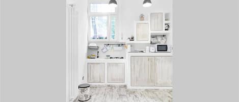 Fridge, microwave, stovetop, coffee/tea maker