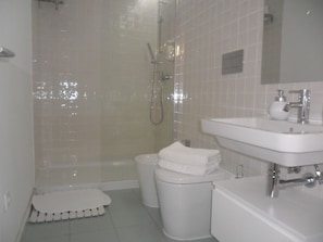 Hair dryer, towels, soap, shampoo