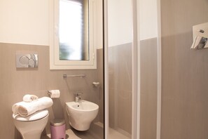 Shower, hair dryer, bidet, towels