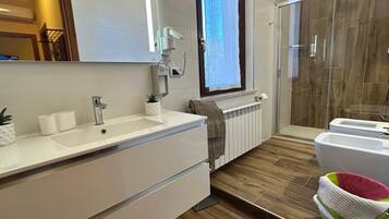 Combined shower/bathtub, hair dryer, towels