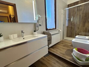 Combined shower/tub, hair dryer, towels