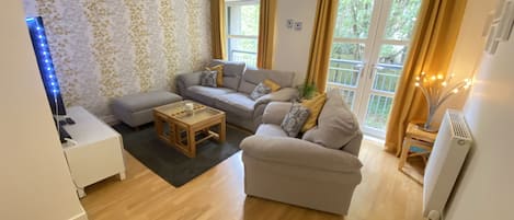 Smart-TV, peis, DVD-spiller og bøker