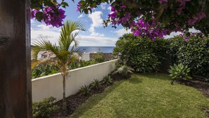 A garden with a view of the sea, featuring various plants and a white wall. - Apartment with Garden and Jacuzzi. Sea view. Fully equipped. (Lagoa - Açores)