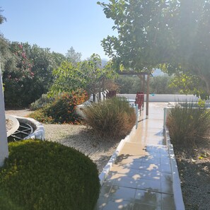 A garden pathway leading to a pergola with chairs, surrounded by various plants and a small water feature.