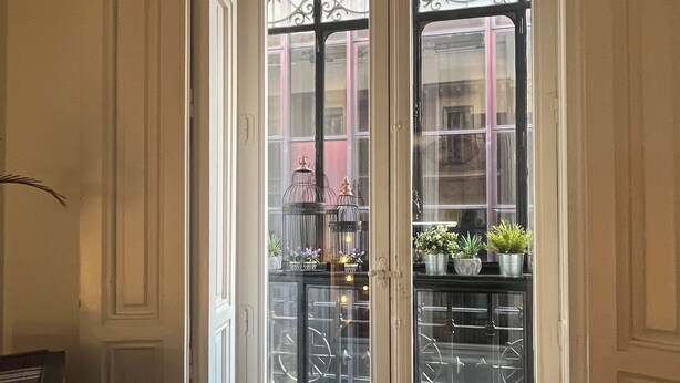 A corner room with a white door leading to a balcony. The balcony has a metal railing and potted plants. - GRAN VIA MADRID (Madrid)