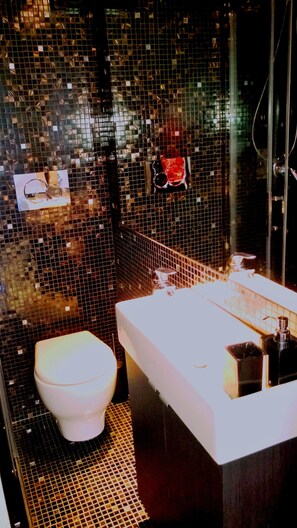 Bathtub, hair dryer, bidet, towels