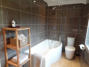 Combined shower/bathtub, hair dryer, towels, soap