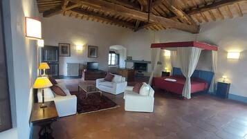 Una televisión, una chimenea, una mesa de tenis de mesa, una oficina