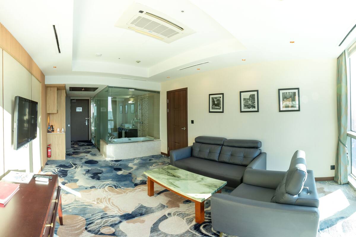 Una habitación de hotel moderna con sofá, una mesa de centro, televisor y zona de ducha con mampara de vidrio.