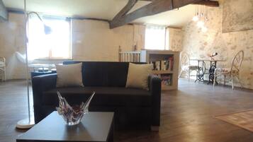 Een televisie, een dvd-speler, boeken en een filmbibliotheek