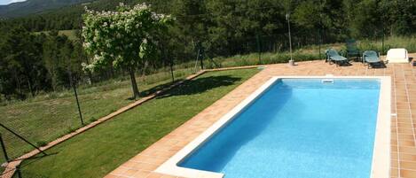 Una piscina rectangular con borde de baldosas, rodeada por una valla y una zona verde con árboles.