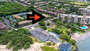 Oversigtsbillede af et kystresortområde med en stor bygning, strand og swimmingpool.