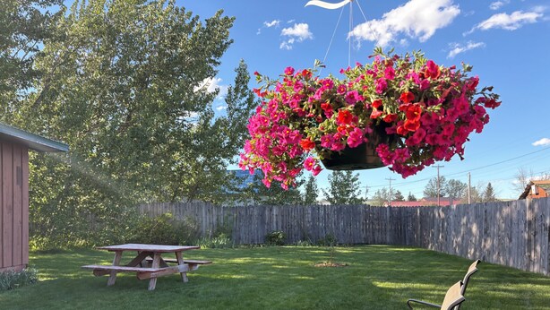 Un patio trasero con cercado de madera, una mesa de picnic y sillas.