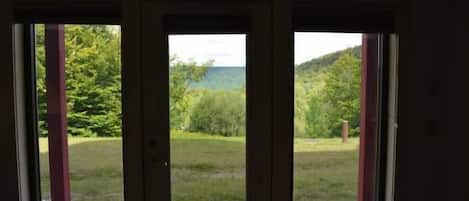 A view through a glass door with a view of a grassy area and trees.
