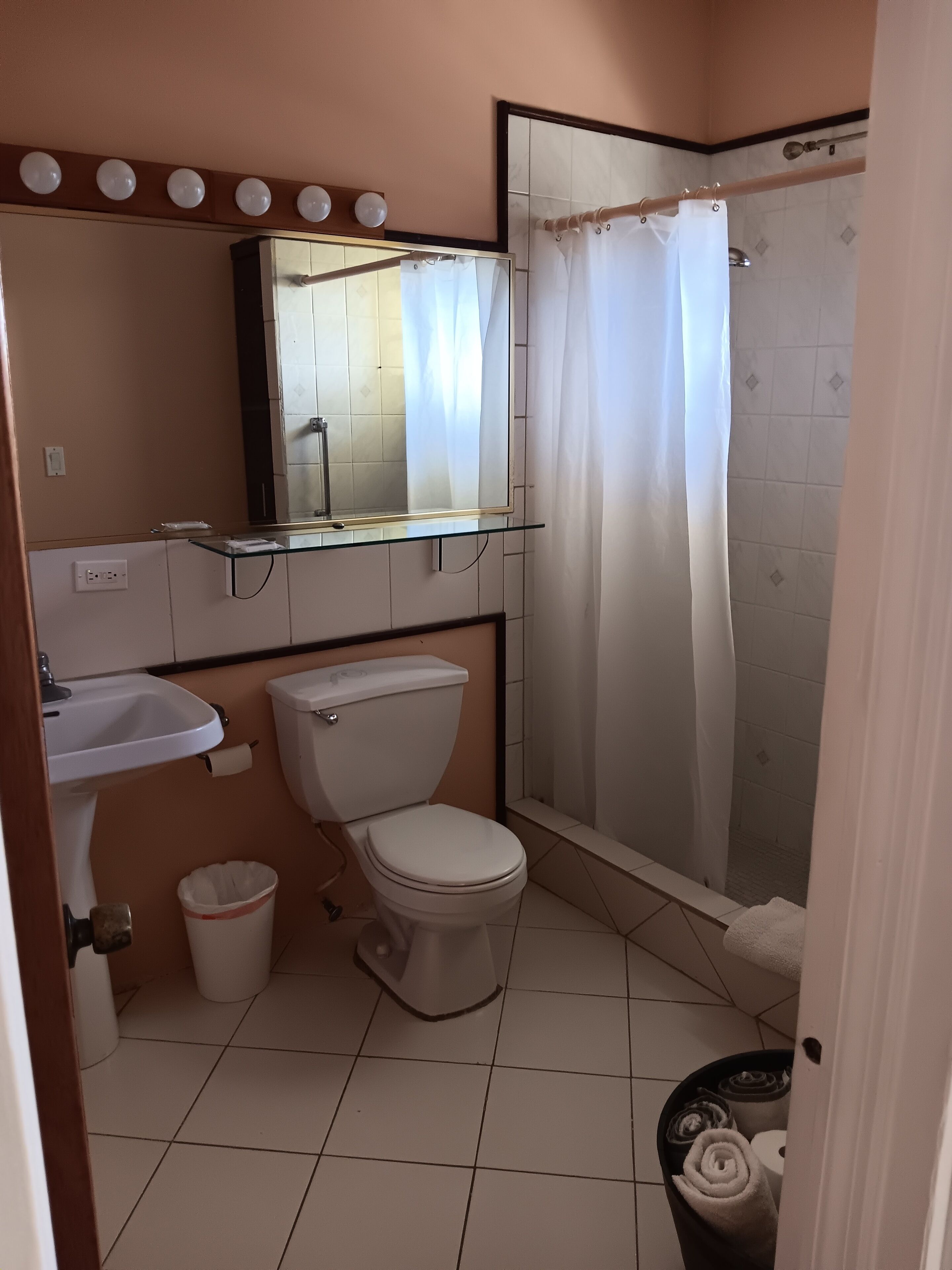 Un baño con inodoro, lavamanos y ducha.