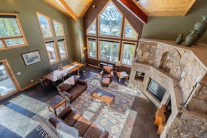 Smart TV, fireplace, foosball, books