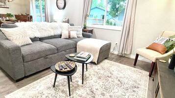 Smart TV, DVD player, books, video library