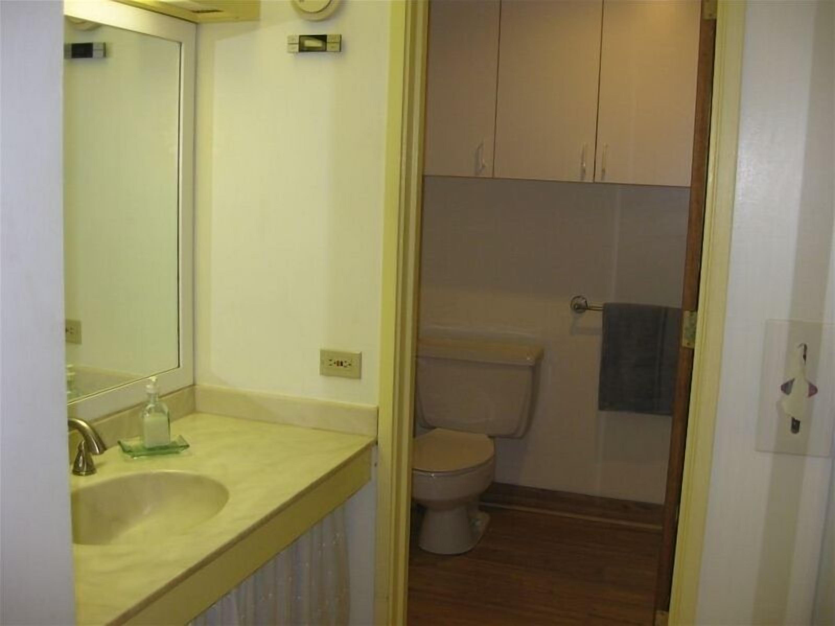 A bathroom with a sink, mirror, toilet, and cabinets.