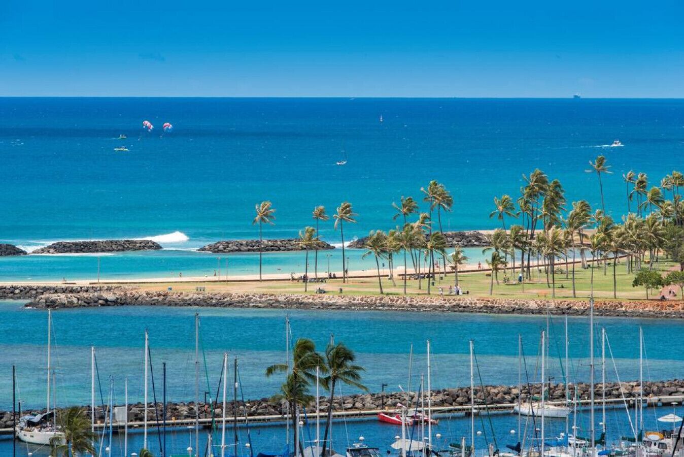 A marina with boats, a beach with palm trees, and the ocean in the background.