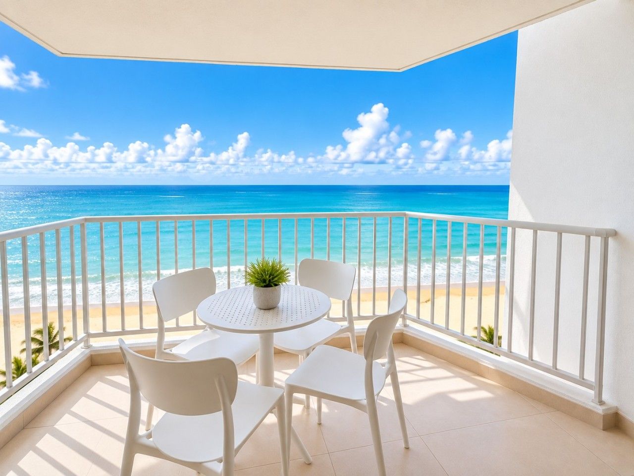 A balcony with a view of the ocean, a round table with chairs, and a potted plant.