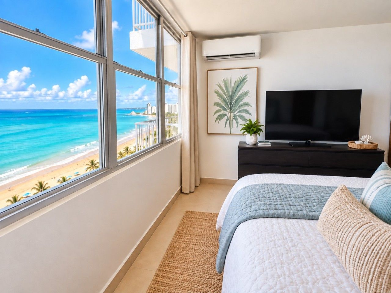 A bedroom with a large window overlooking a beach, a flat-screen TV, and a dark wooden dresser.