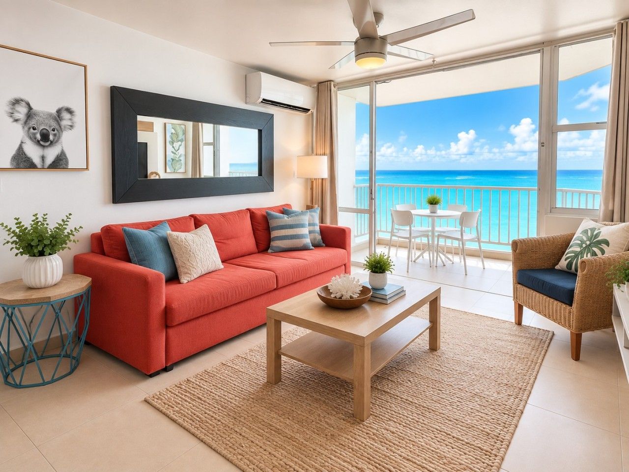 A room with a red sofa, a wooden coffee table, a wicker chair, and a view of the ocean through large windows.