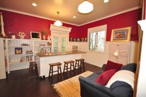 Smart TV, fireplace, DVD player, books