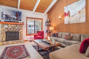 Televisio, takka, pöytätennispöytä, kirjoja