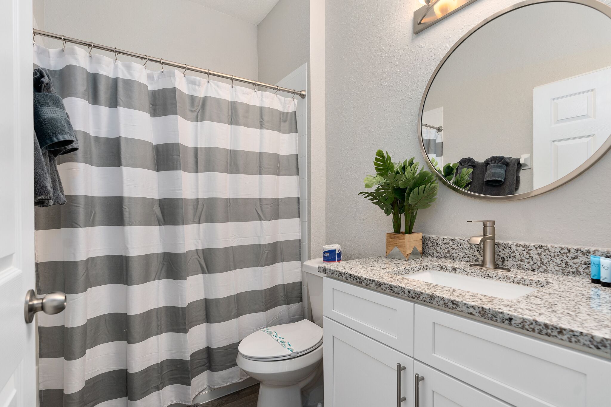 Une salle de bain avec un rideau de douche à rayures, des toilettes, un lavabo avec un plan de travail en granit, un miroir et une plante en pot.