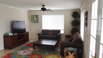 Smart TV, DVD player, books, music library
