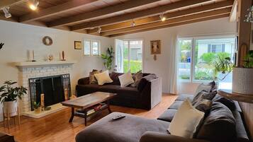 Televisión, chimenea, reproductor de DVD y tenis de mesa