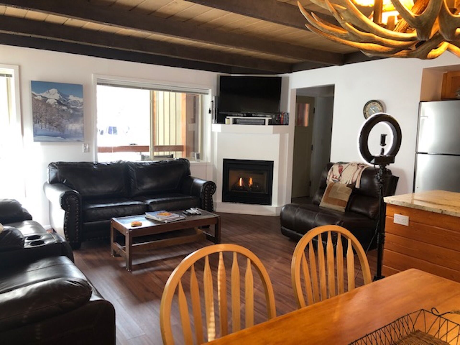 Smart TV, fireplace, DVD player, books