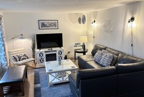 Smart TV, fireplace, DVD player, books