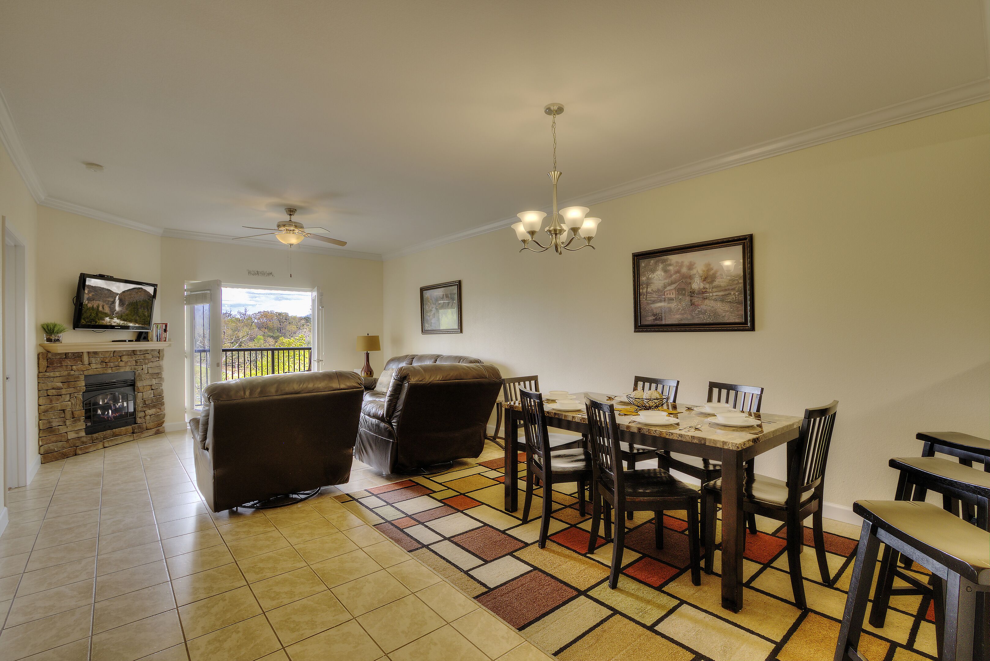 Smart TV, fireplace, DVD player, books