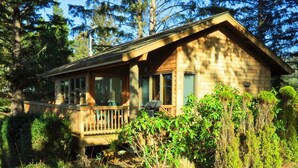 A wooden cabin with a deck, surrounded by dense greenery and trees. - Ocean View Oasis Retreat. Comfort, plus great views! Sleeps 4. (Neskowin)