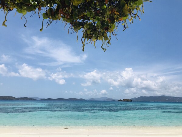 On the beach, sun-loungers, beach towels