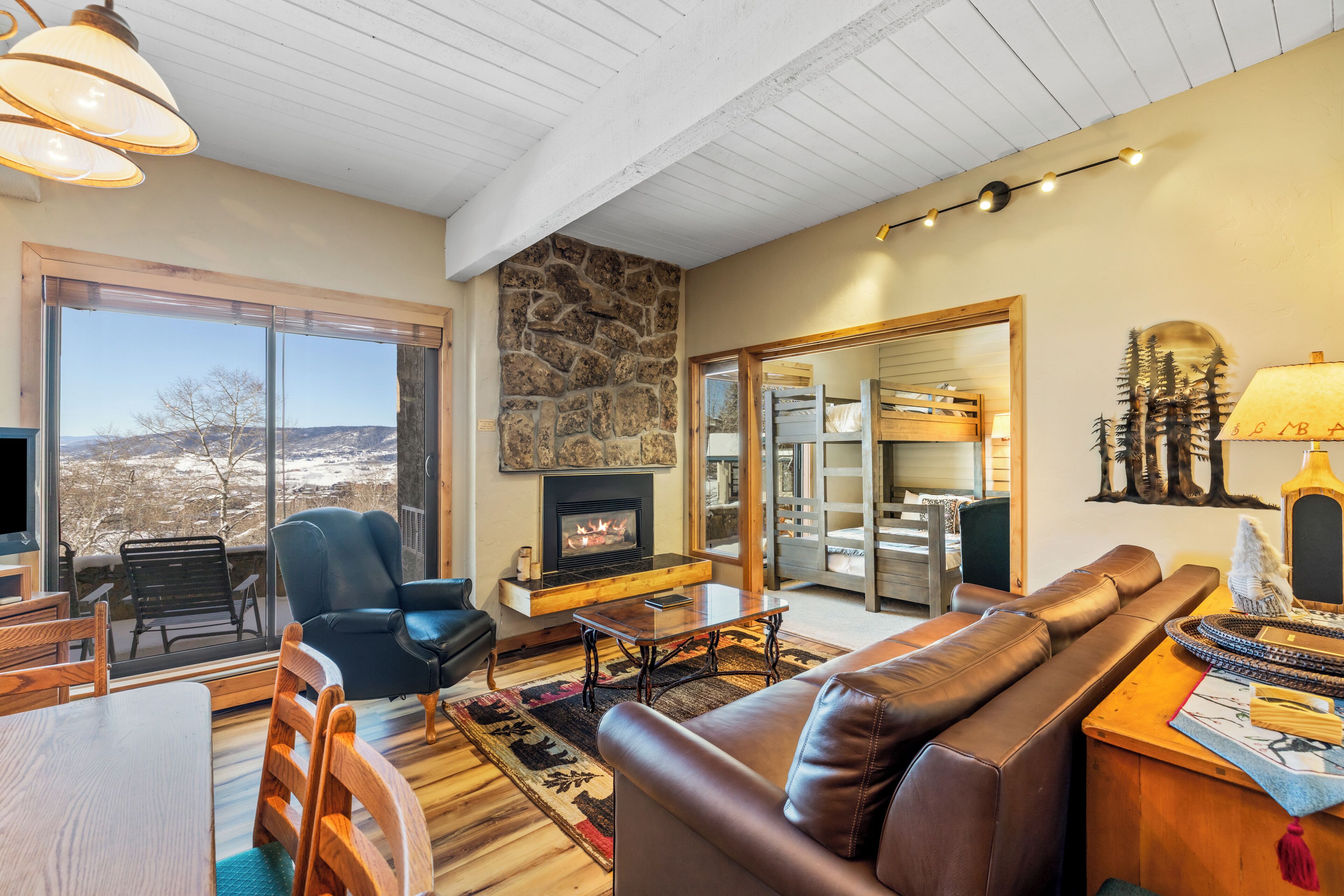 Flat-screen TV, fireplace