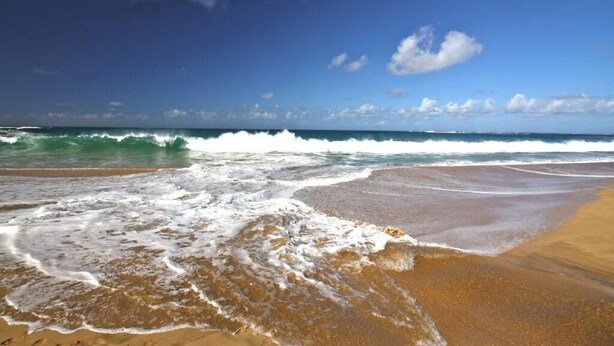 A beach with waves crashing onto the shore under a clear sky. - Remodeled Condo 300 Ft From The Ocean!!!  (Koloa)