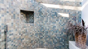 A shower area with mosaic tile walls and a potted plant. - St Barts New Luxury Villa Roc E Mar, Fantastic Ocean View, Large Pool, Exclusive (TOINY)