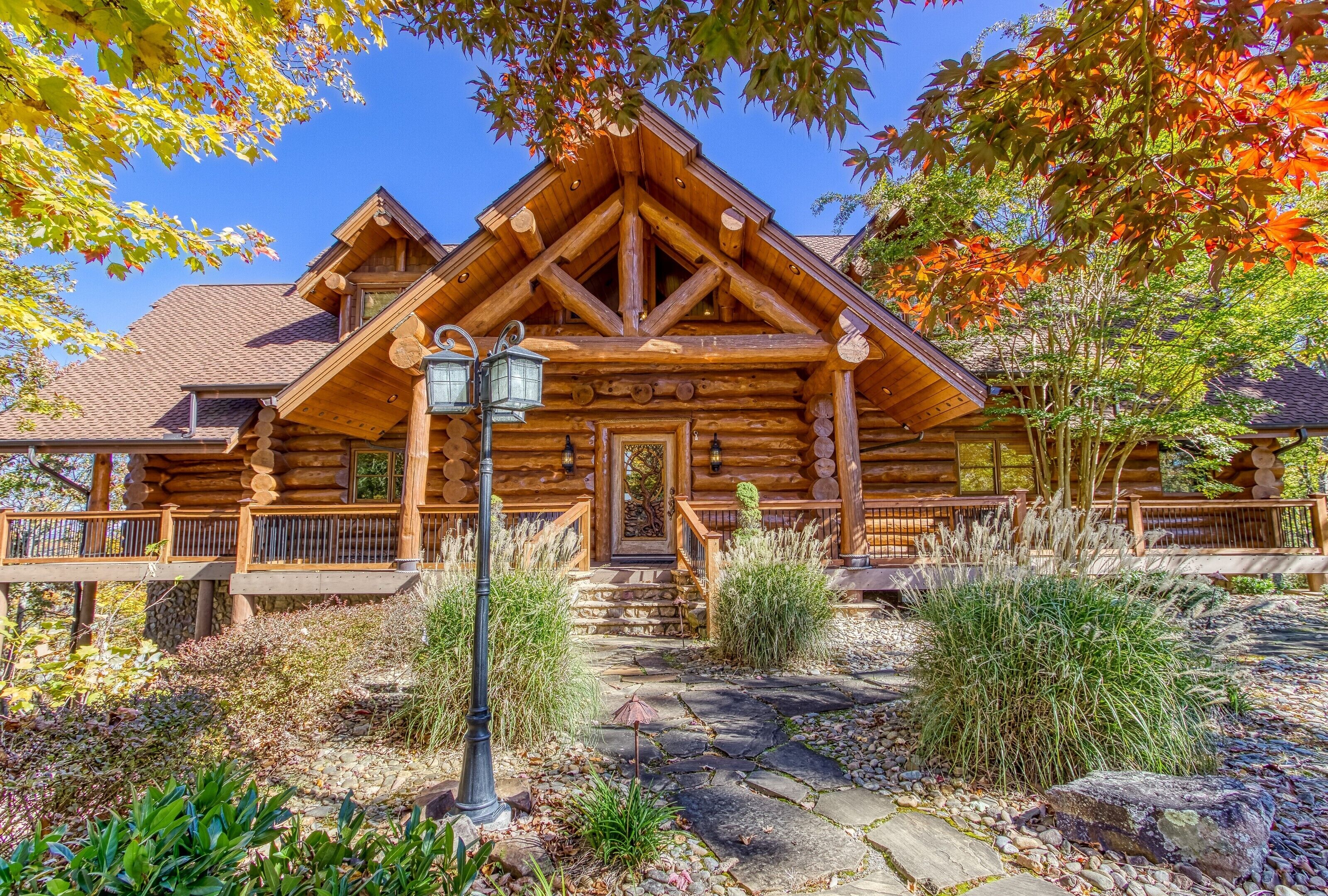 luxurious mountain lodge with communal pool