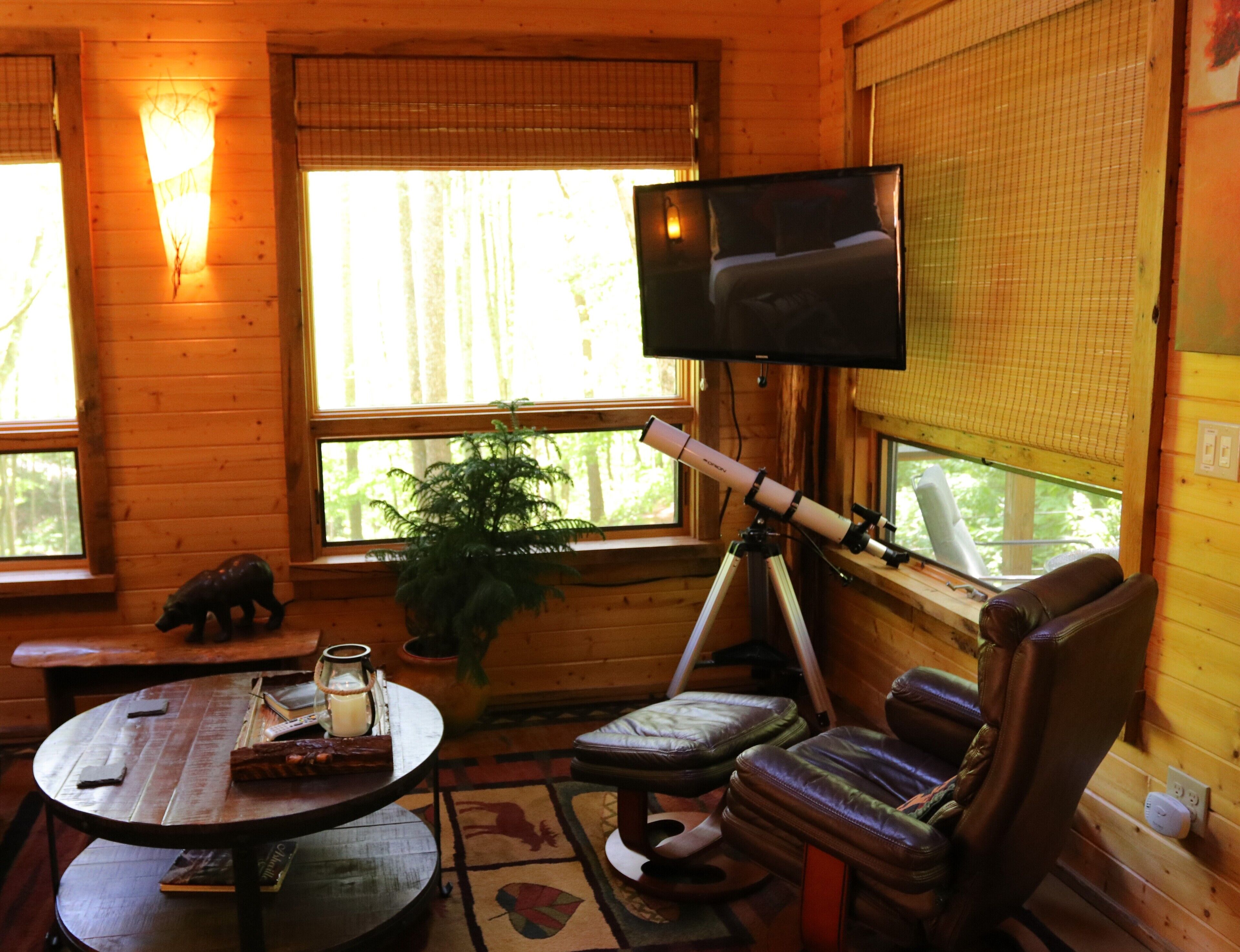 A cozy cabin interior with a wooden interior, a mounted telescope, a comfortable leather chair, a small table with a candle, and a television on the wall.