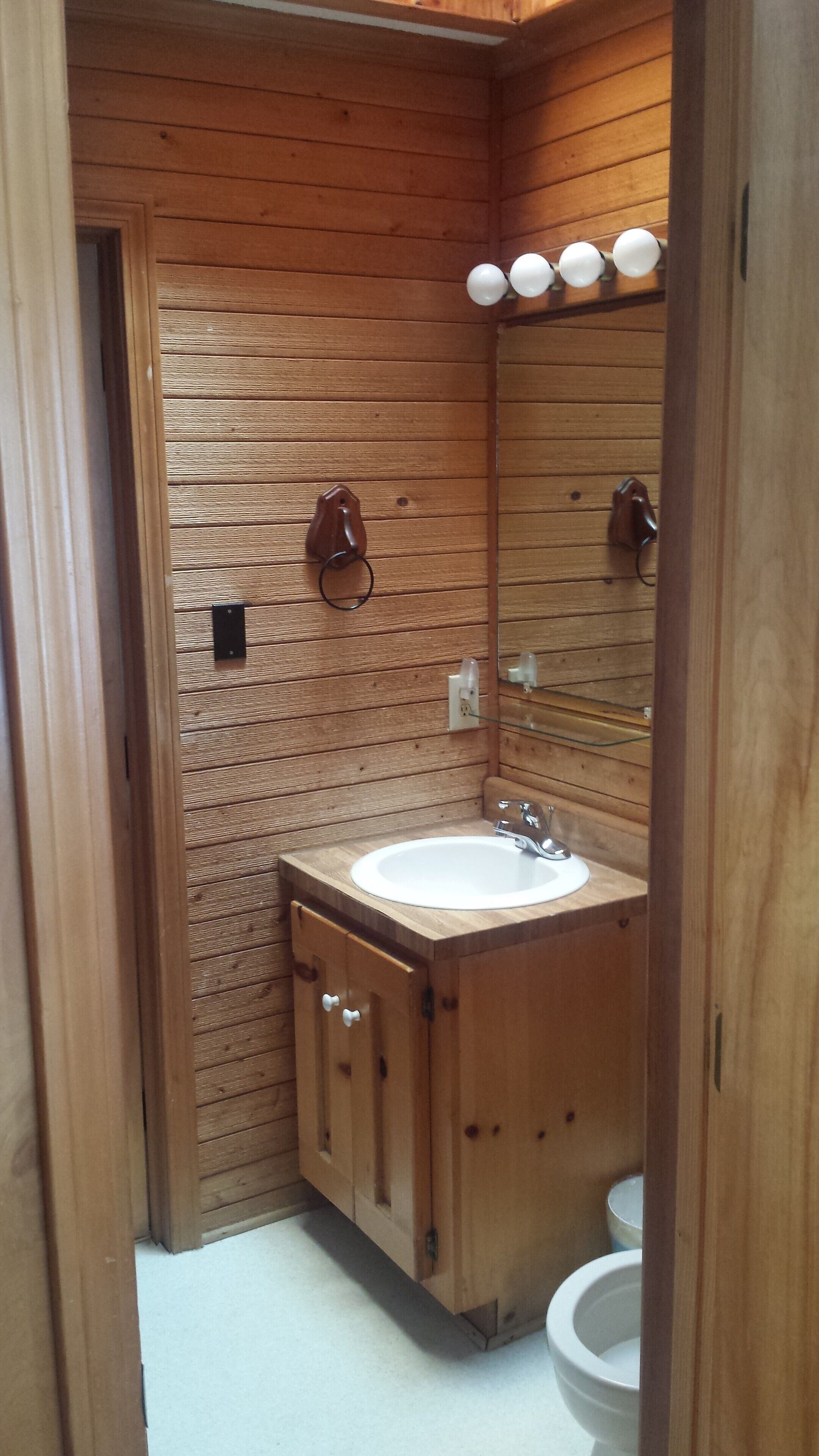 A wooden-paneled bathroom with a sink, mirror, and toilet.