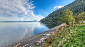 On the beach, sun-loungers, beach towels