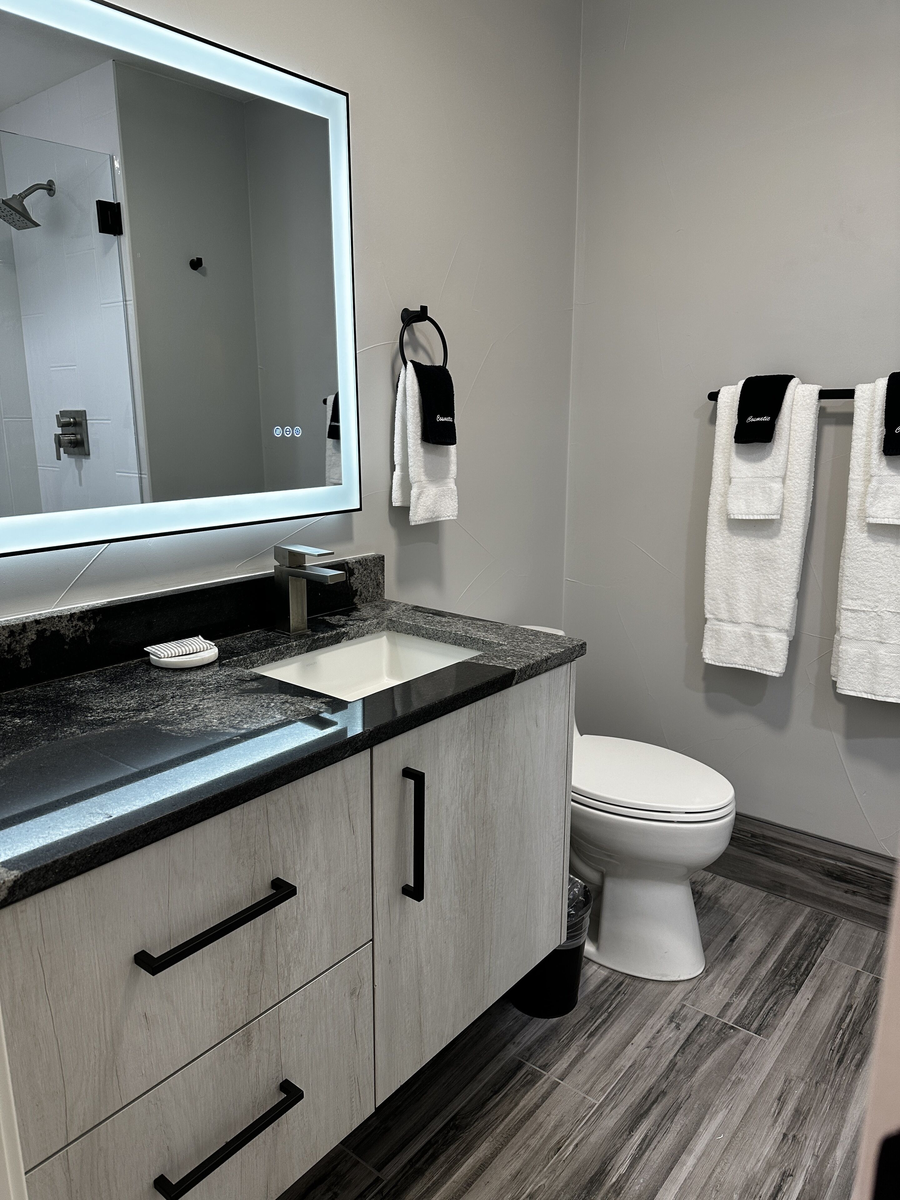 Une salle de bain moderne avec un grand miroir, un lavabo et des toilettes. On peut voir des serviettes suspendues à un porte-serviettes et une pomme de douche à l’arrière-plan.
