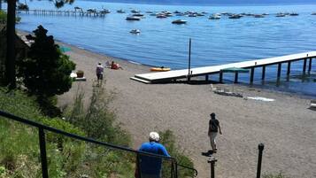 On the beach, sun-loungers, beach towels