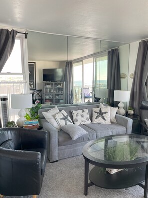 Smart TV, fireplace, DVD player, books