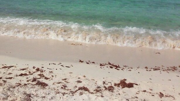Een strand met helder turquoise water en verre eilanden.