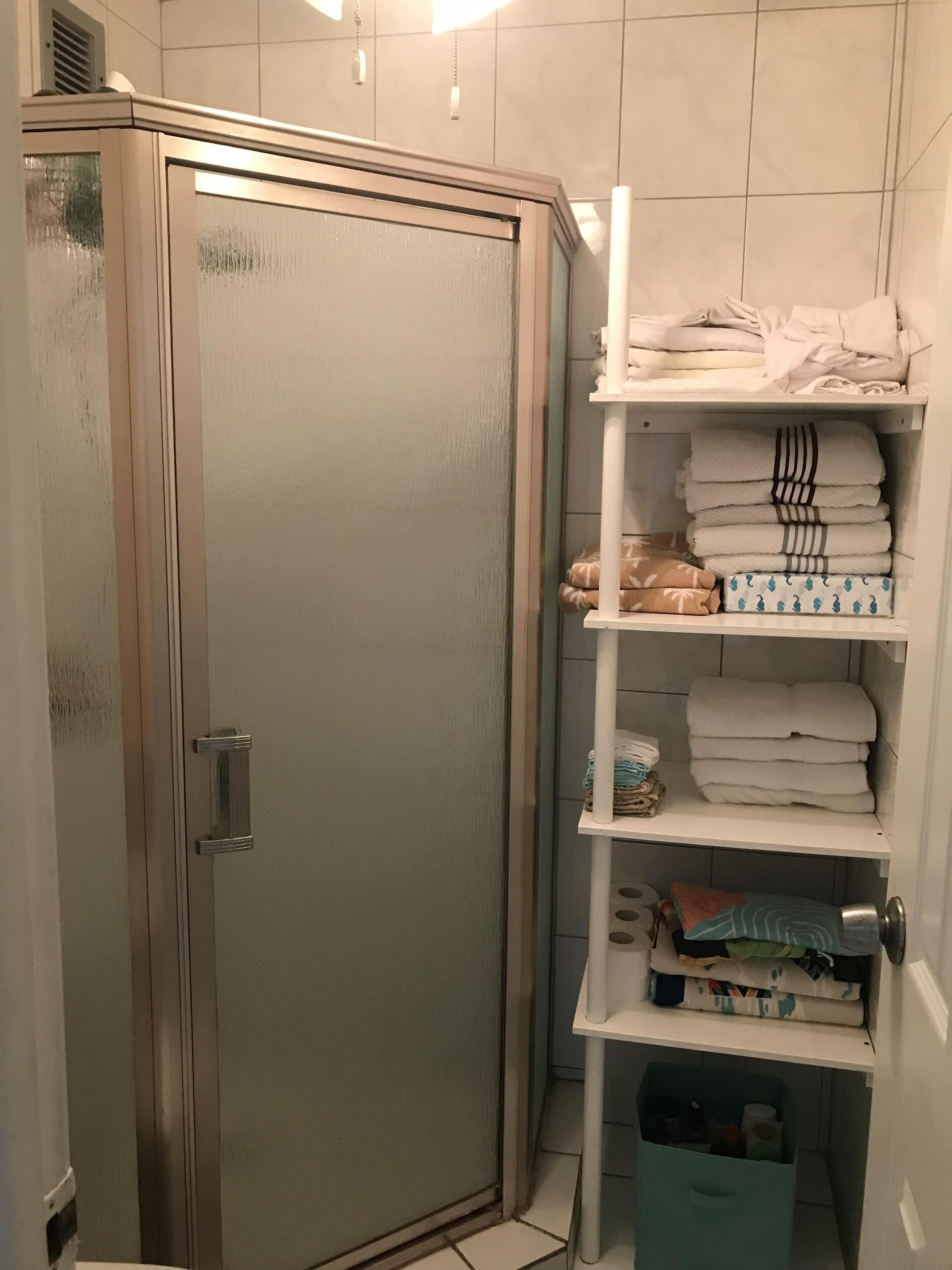Ein Badezimmer mit Duschkabine aus Glas, einem weißen Handtuchhalter mit gefalteten Handtüchern und einem Stauraumbehälter.